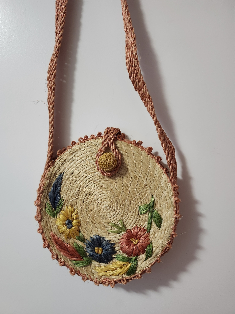 Handwoven Round Straw Bag with Floral Embroidery